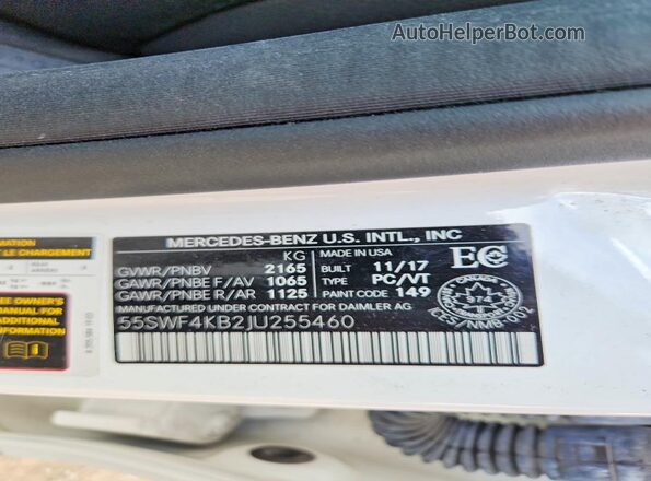 55SWF4KB2JU255460 2018 MERCEDES-BENZ C White Vista de la etiqueta del VIN