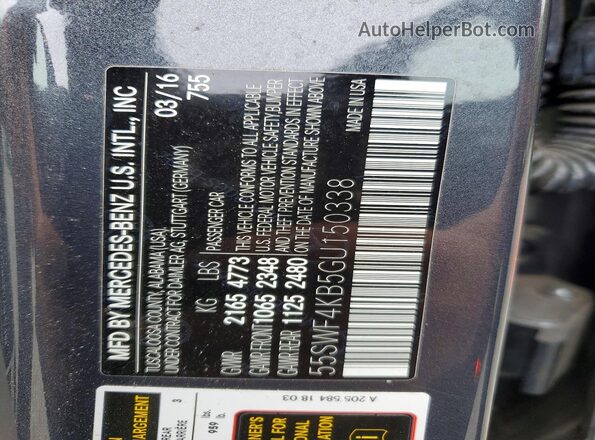 55SWF4KB5GU150338 2016 MERCEDES-BENZ C Gray Vista de la etiqueta del VIN