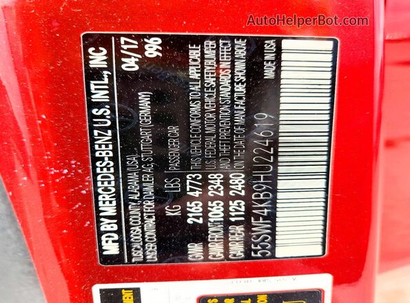 55SWF4KB9HU224619 2017 MERCEDES-BENZ C Red Вид наклейки з VIN-кодом