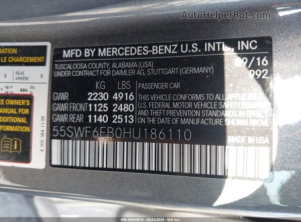 55SWF6EB0HU186110 2017 MERCEDES-BENZ AMG C 43 Gray Вид підкапотного простору