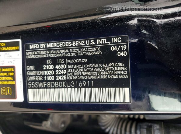 55SWF8DB0KU316911 2019 MERCEDES-BENZ C Black Vista del compartimento del motor