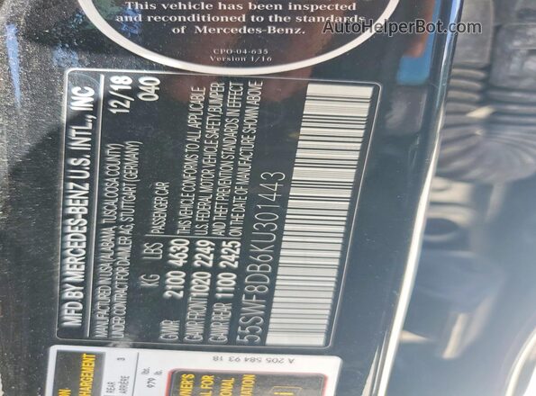 55SWF8DB6KU301443 2019 MERCEDES-BENZ C Black VIN կոդի պիտակի տեսք