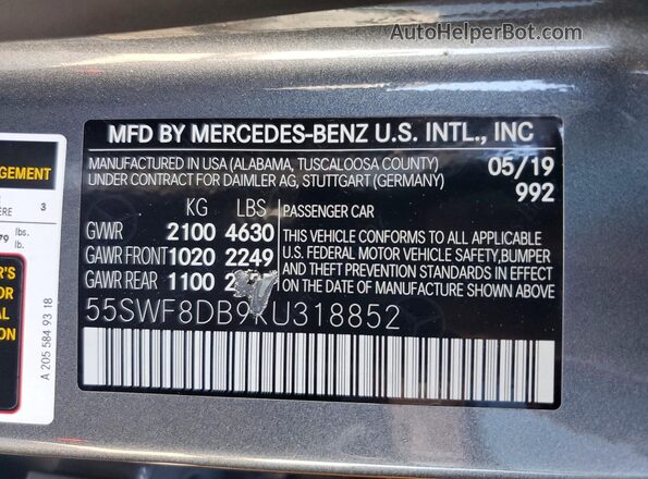 55SWF8DB9KU318852 2019 MERCEDES-BENZ C Gray VIN sticker view