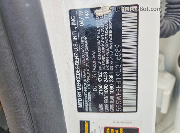 55SWF8EB1KU316589 2019 MERCEDES-BENZ C White Вид підкапотного простору