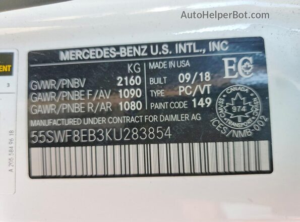 55SWF8EB3KU283854 2019 MERCEDES-BENZ C White Engine compartment view