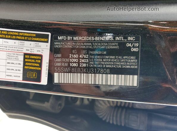 55SWF8EB3KU317808 2019 MERCEDES-BENZ C Black Widok naklejki z numerem VIN
