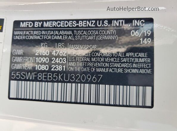 55SWF8EB5KU320967 2019 MERCEDES-BENZ C White Widok naklejki z numerem VIN