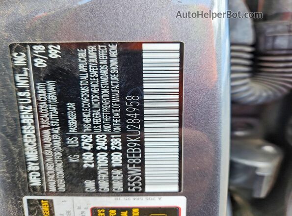 55SWF8EB9KU284958 2019 MERCEDES-BENZ C Gray Вид підкапотного простору