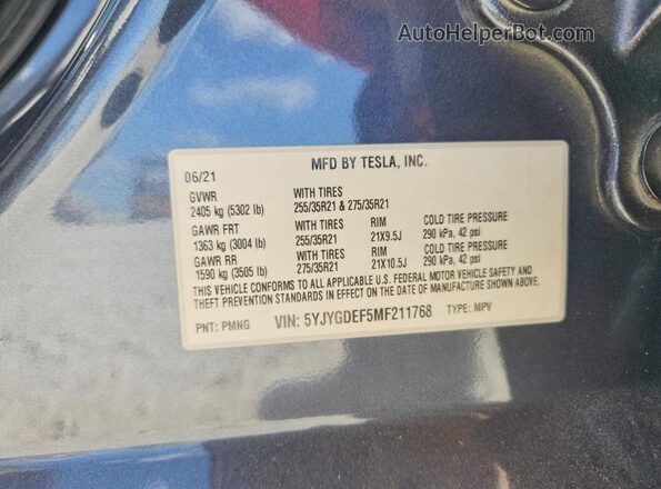 5YJYGDEF5MF211768 2021 TESLA MODEL Gray VIN sticker view