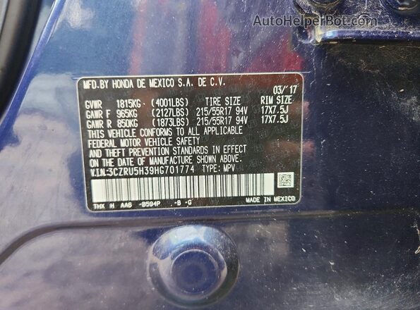 3CZRU5H39HG701774 2017 HONDA HR-V Blue Вид наклейки з VIN-кодом