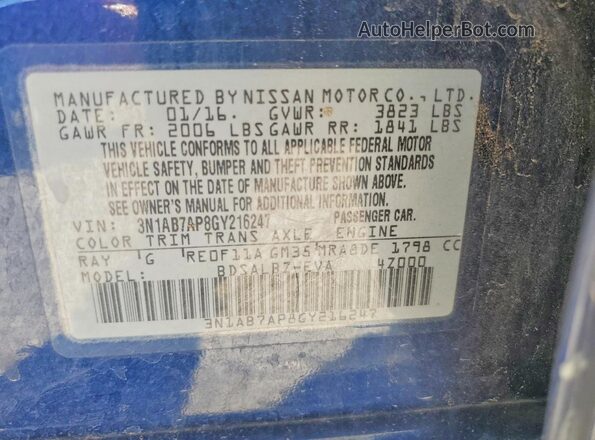 3N1AB7AP8GY216247 2016 NISSAN SENTRA Синий Вид наклейки с VIN-кодом