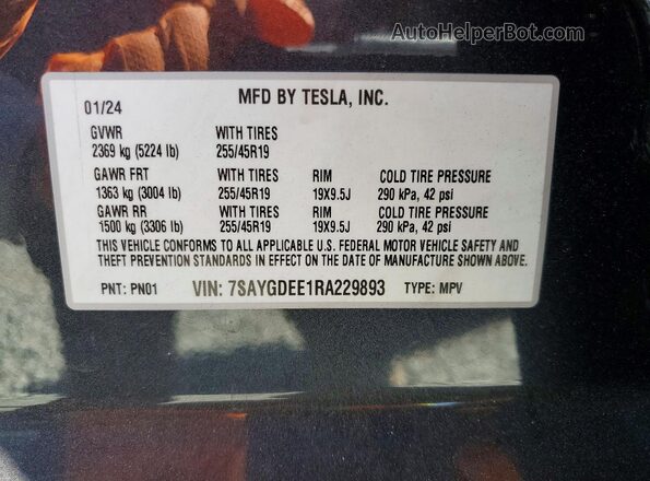 7SAYGDEE1RA229893 2024 TESLA MODEL Charcoal VIN კოდის სტიკერის ხედი