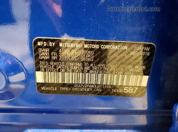 JA32V2FW4GU011134 2016 MITSUBISHI LANCER Blue Widok naklejki z numerem VIN