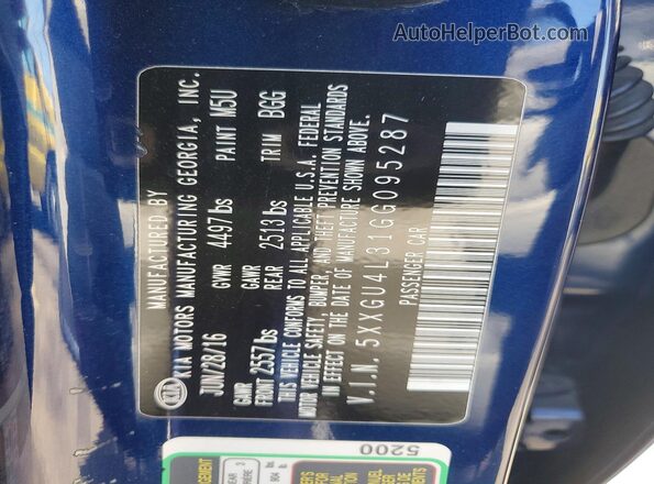5XXGU4L31GG095287 2016 KIA OPTIMA Blue Vista de la etiqueta del VIN