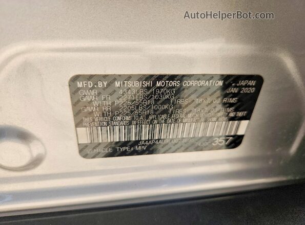 JA4AP4AU9LU023695 2020 MITSUBISHI OUTLANDER Silver Widok naklejki z numerem VIN