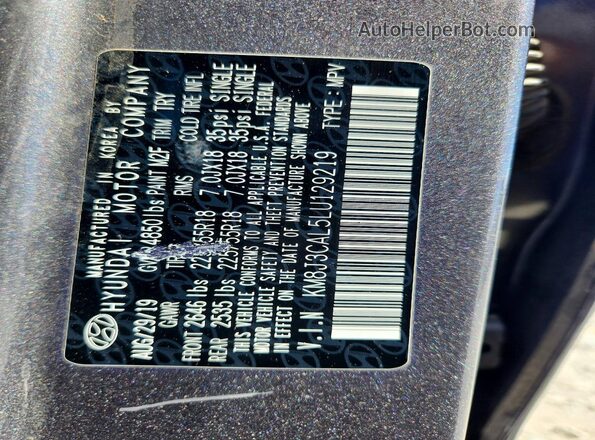 KM8J3CAL5LU129219 2020 HYUNDAI TUCSON Gray Widok wnętrza 360 stopni