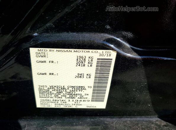 1N4BL4BV5KC119489 2019 NISSAN ALTIMA Black VIN კოდის სტიკერის ხედი
