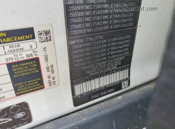 SALWV2SV6JA400150 2018 LAND ROVER RANGE White Vista de la etiqueta del VIN