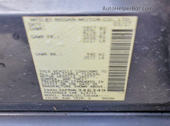 1N4AL3AP9HN346349 2017 NISSAN ALTIMA Серый Вид наклейки с VIN-кодом