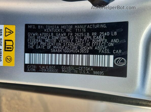 58ABK1GG0HU043659 2017 LEXUS ES Silver Vista del compartimento del motor