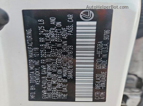 58ABZ1B13KU018728 2019 LEXUS ES White Вид наклейки з VIN-кодом