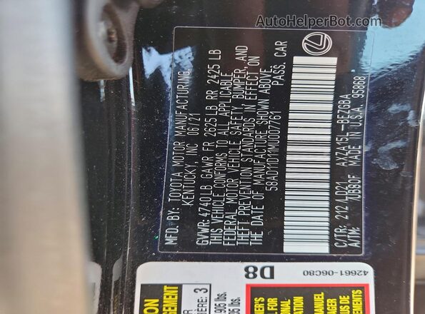 58AD11D11MU007761 2021 LEXUS ES Black Շարժիչի բաժամունքի տեսք