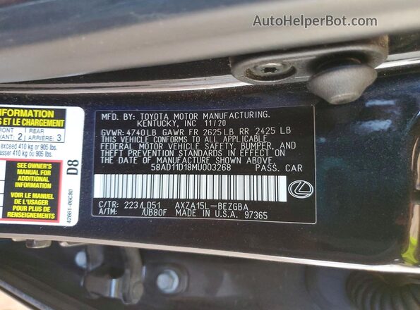 58AD11D18MU003268 2021 LEXUS ES Black VIN sticker view
