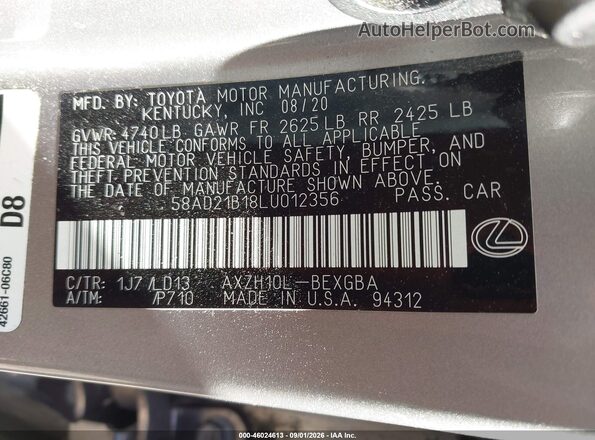 58AD21B18LU012356 2020 LEXUS ES 300H Silver Vista del compartimento del motor