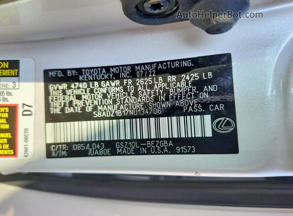 58ADZ1B17NU134706 2022 LEXUS ES White Widok komory silnika