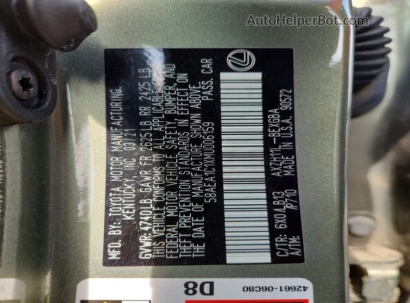 58AEA1C1XMU006159 2021 LEXUS ES Green VIN კოდის სტიკერის ხედი