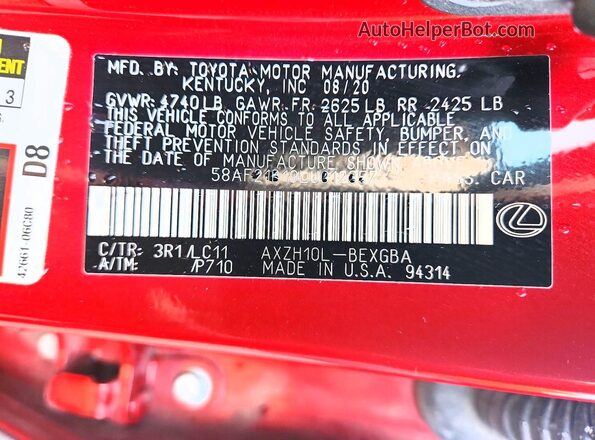 58AF21B19LU012357 2020 LEXUS ES Red Вид підкапотного простору