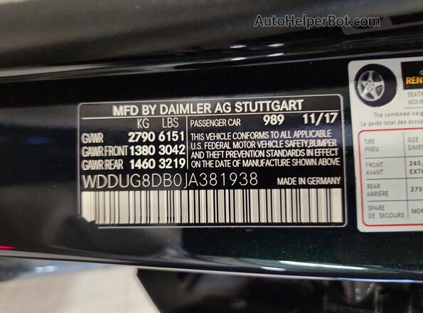 WDDUG8DB0JA381938 2018 MERCEDES-BENZ S Зеленый Вид наклейки с VIN-кодом