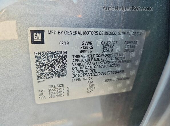 3GCPWCED7KG148459 2019 CHEVROLET SILVERADO Gray VIN კოდის სტიკერის ხედი