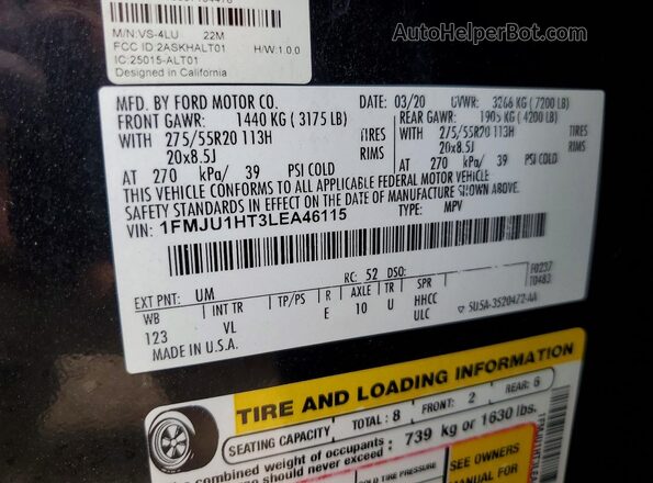 1FMJU1HT3LEA46115 2020 FORD EXPEDITION Black Vista interior de 360 grados