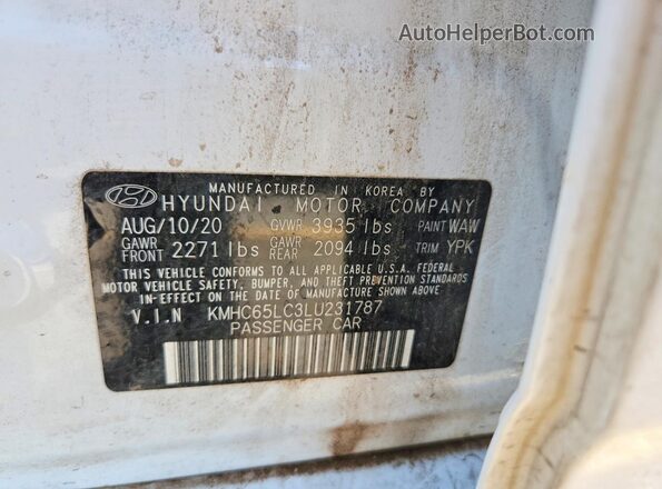 KMHC65LC3LU231787 2020 HYUNDAI IONIQ White VIN կոդի պիտակի տեսք