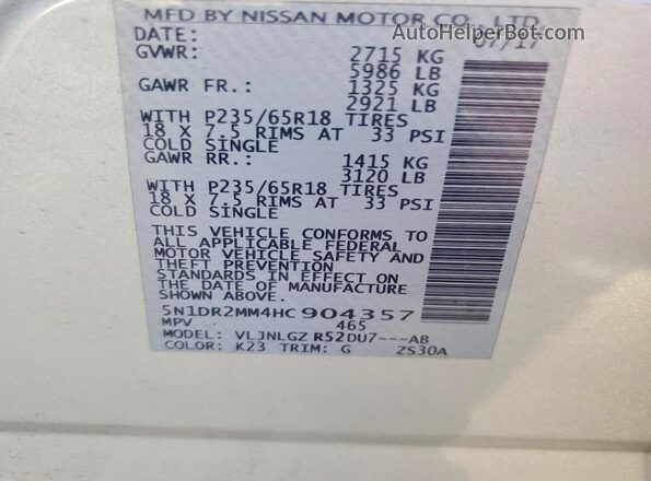 5N1DR2MM4HC904357 2017 NISSAN PATHFINDER Silver Widok naklejki z numerem VIN