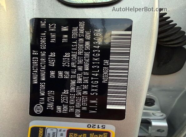 5XXGT4L31KG343064 2019 KIA OPTIMA Silver Vista interior trasera