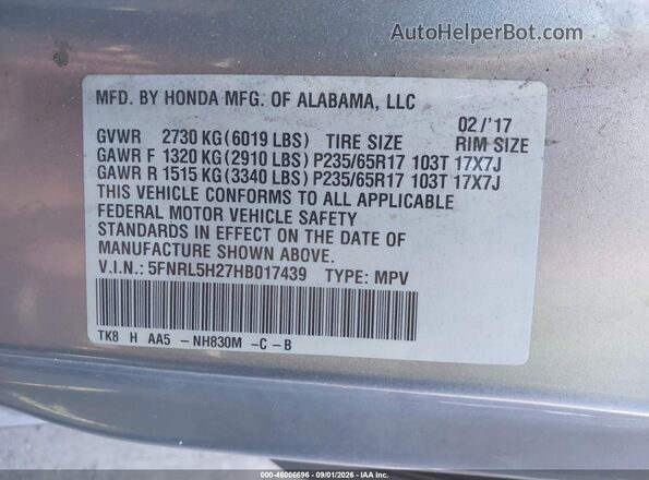 5FNRL5H27HB017439 2017 HONDA ODYSSEY Silver Вид підкапотного простору
