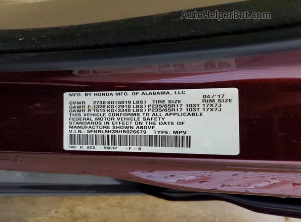 5FNRL5H35HB026679 2017 HONDA ODYSSEY Burgundy VIN sticker view