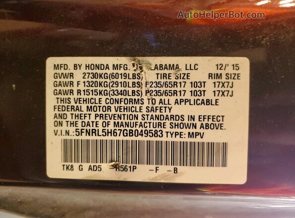 5FNRL5H67GB049583 2016 HONDA ODYSSEY Maroon Vista de la etiqueta del VIN
