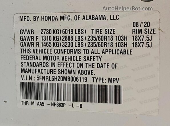 5FNRL6H20MB006119 2021 HONDA ODYSSEY White Панорамний вид салону 360°