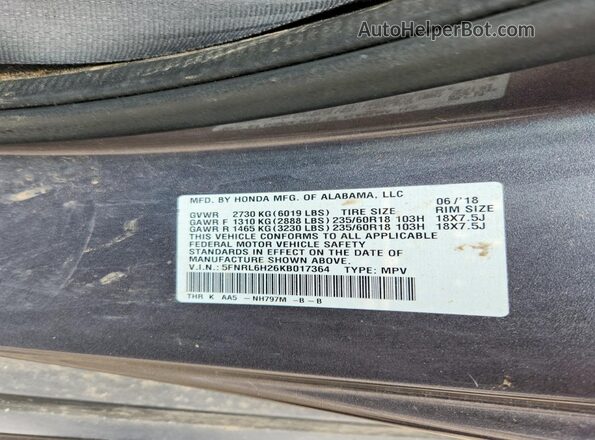 5FNRL6H26KB017364 2019 HONDA ODYSSEY Gray Vista de la etiqueta del VIN