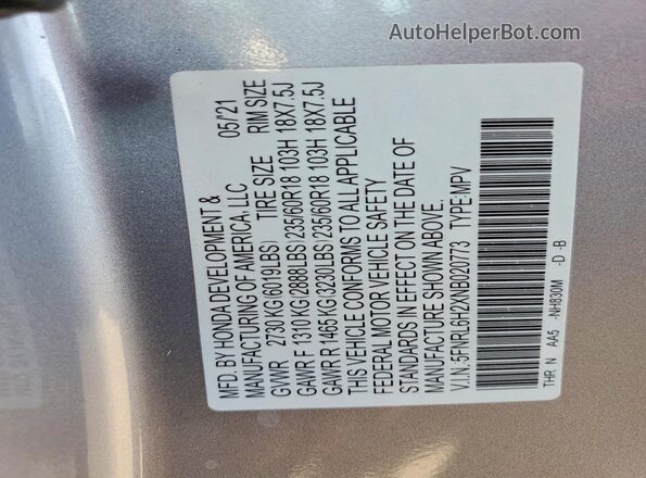 5FNRL6H2XNB020773 2022 HONDA ODYSSEY Silver Widok naklejki z numerem VIN