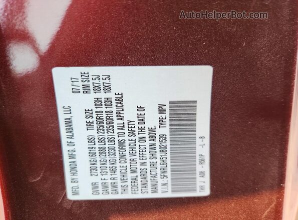 5FNRL6H51JB021539 2018 HONDA ODYSSEY Red VIN sticker view