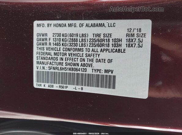 5FNRL6H51KB064120 2019 HONDA ODYSSEY Maroon Շարժիչի բաժամունքի տեսք