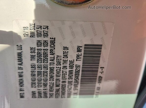 5FNRL6H54KB062197 2019 HONDA ODYSSEY White VIN კოდის სტიკერის ხედი