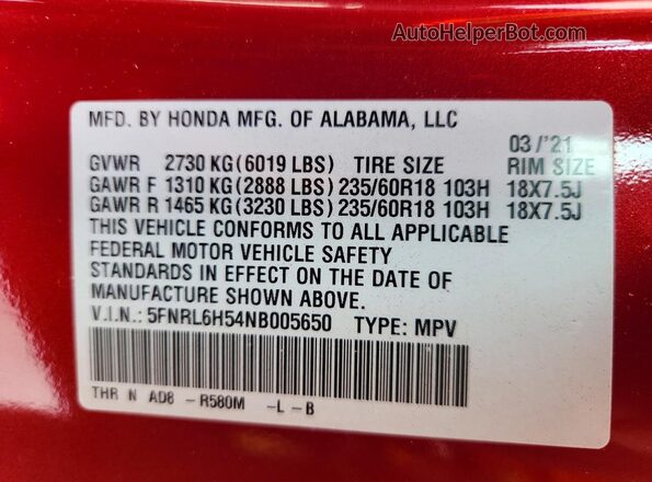 5FNRL6H54NB005650 2022 HONDA ODYSSEY Red VIN კოდის სტიკერის ხედი