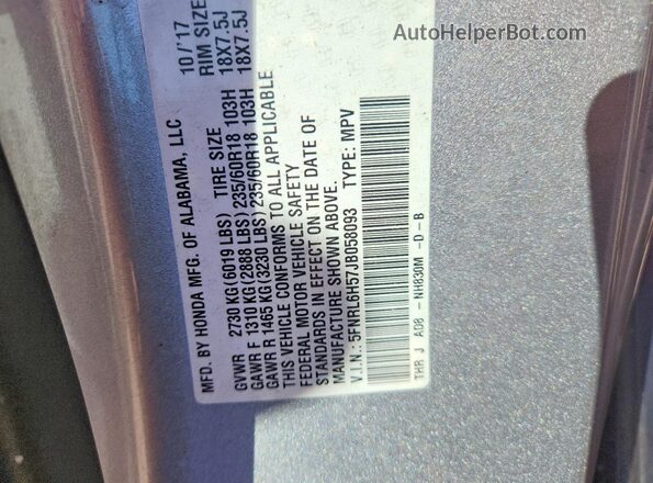 5FNRL6H57JB058093 2018 HONDA ODYSSEY Silver VIN կոդի պիտակի տեսք