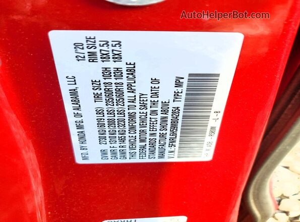 5FNRL6H59MB042854 2021 HONDA ODYSSEY Red Widok naklejki z numerem VIN