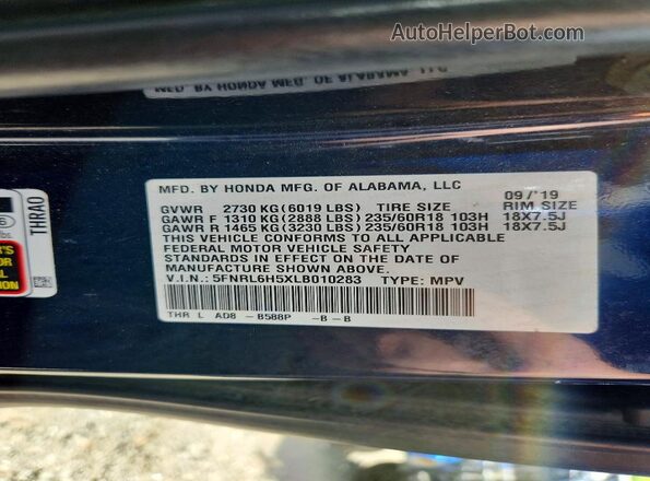 5FNRL6H5XLB010283 2020 HONDA ODYSSEY Blue VIN sticker view